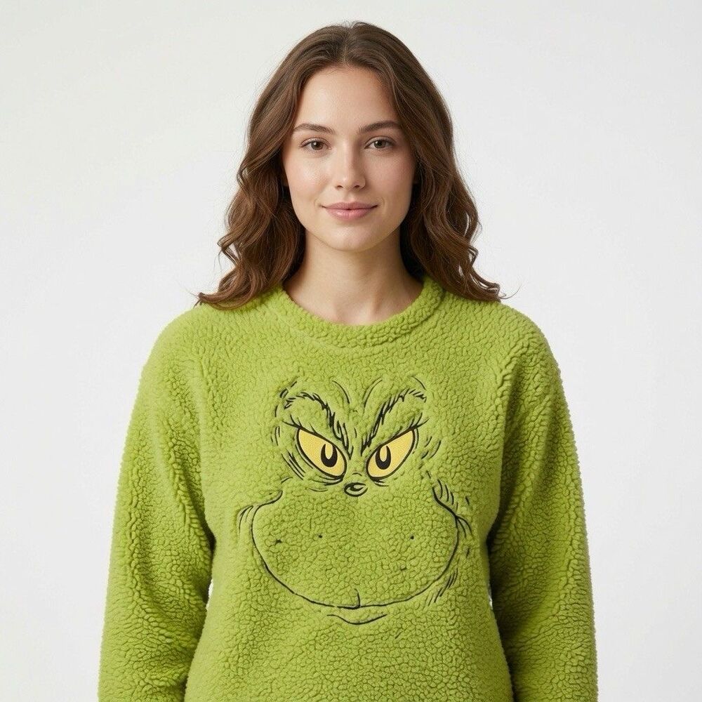 The Grinch Sherpa Sweater Embroidered Women’s XL Sweat-Shirt Dr. Seuss Pullover